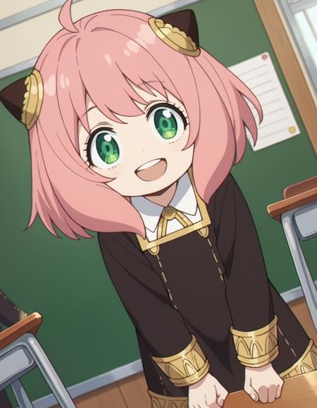 score_9, score_8_up, score_7_up, source_anime,anyaforger, <lora:anya-forger-ponyxl-lora-nochekaiser:1>,anya forger, anya forger, bangs, green eyes, pink hair, ahoge, hair ornament, hairpods, child, female child, smile,long sleeves, dress, school uniform, socks, black dress, eden academy school uniform,indoors, classroom, bent over, open mouth,looking at viewer, cowboy shot, dutch angle,