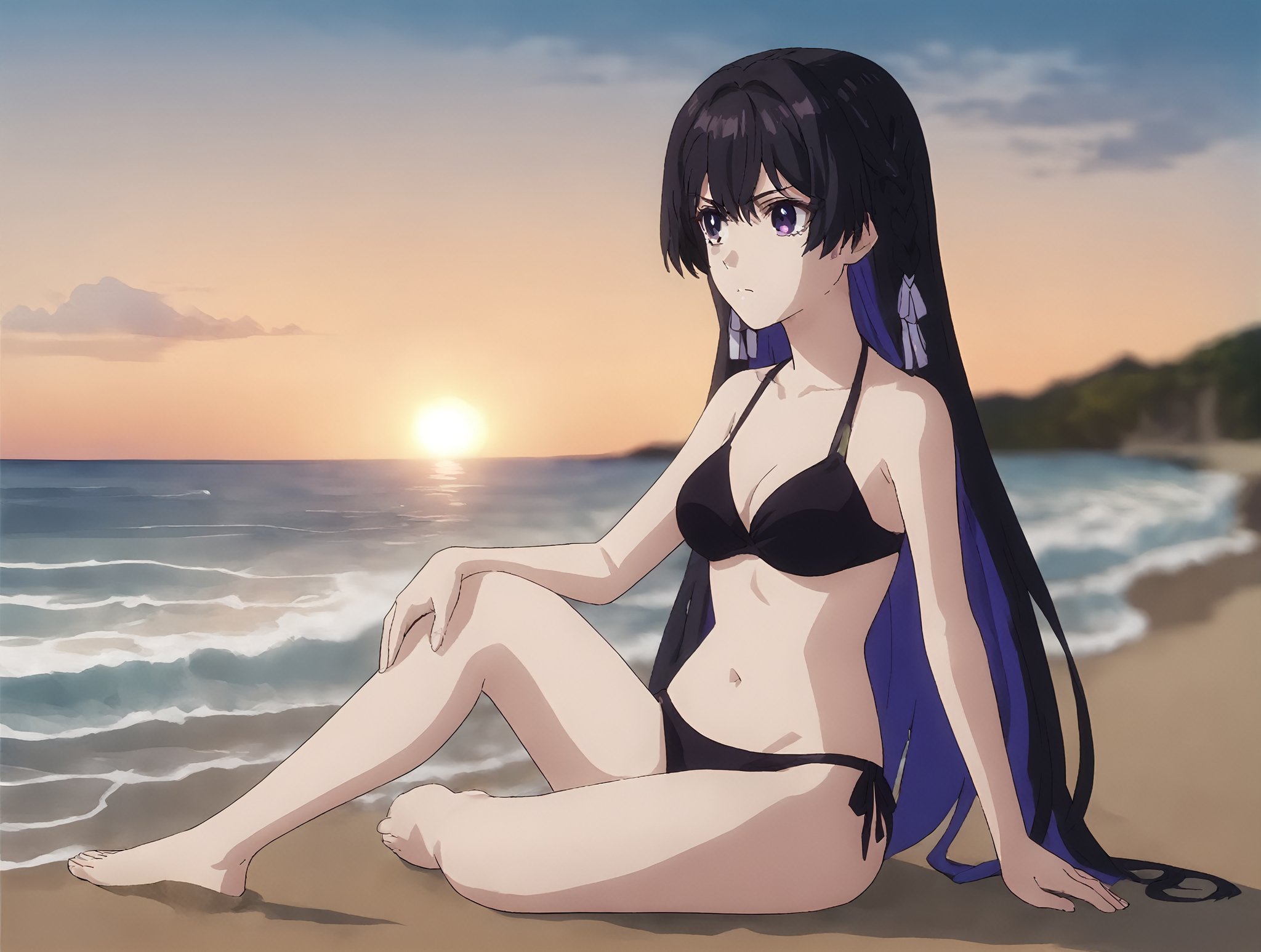 <lora:tinasha.pony.v3:0.85> score_9, score_8_up, score_7_up, tinashapurple eyes, 1girl,solo,sitting,stern look, black bikini, beach, sunset, ocean, waves, blurry background,full body,