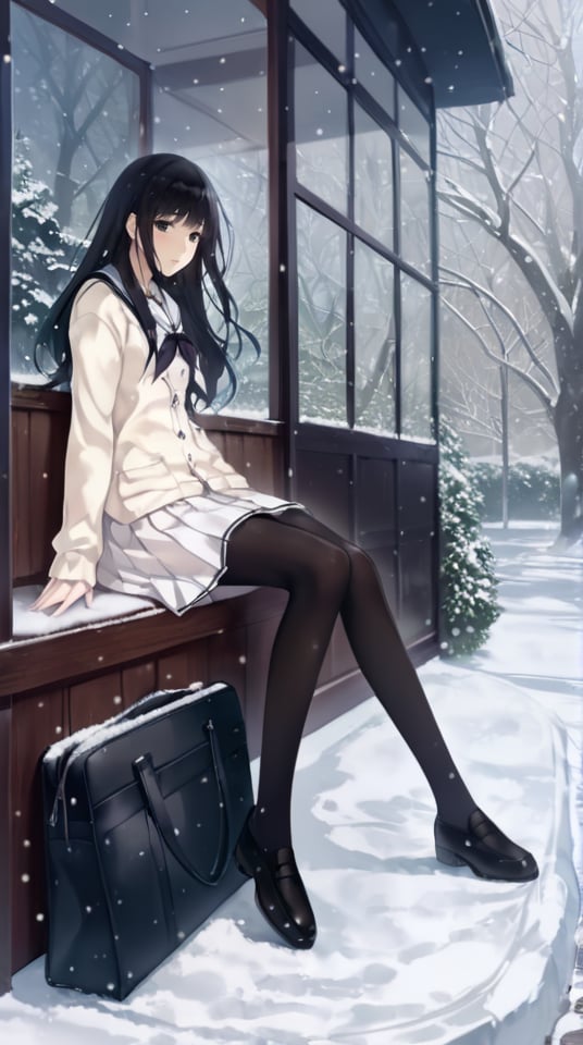 (best quality), ((masterpiece)), (highres), illustration, original, extremely detailed,   <lora:黑暗物语 葬の花:0.7> 1girl, solo, black hair, pantyhose, long hair, school uniform, snow, sitting, black pantyhose, serafuku, bag, black eyes, skirt, tree, school bag, cardigan, snowing, shoes