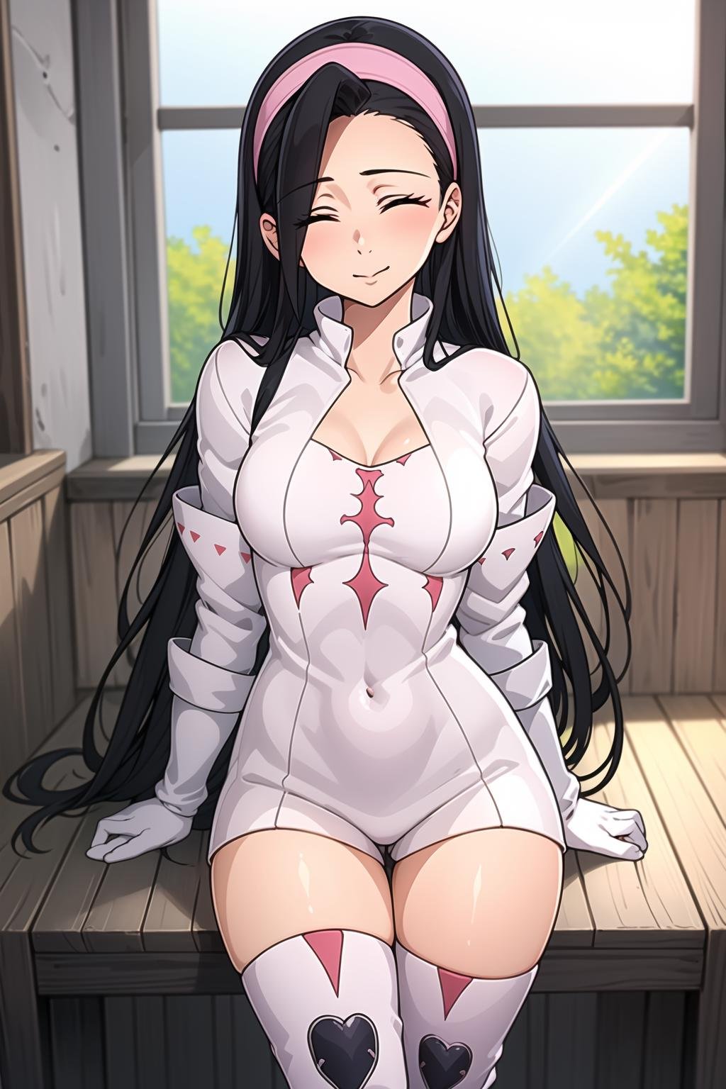 (masterpiece, best quality,ultra detailed),Guila,1girl,headband,long hair,slim,cute,shinny skin,single bangs,bangs,black hair,white outfit,metal glove,jacket,short sleeves,one piece,motif,metal glove,boots),(bare chest,big breasts,upper body,thigh,closed eyes,(day,indoors,rays),(sit,calm),<lora:Guila:0.4>