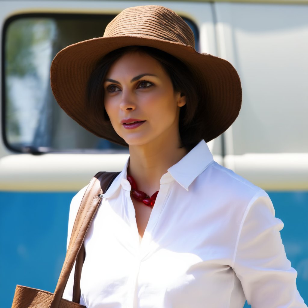 morena_baccarin, A woman is standing in front of a blue and white van. She is wearing a white shirt and a brown hat. She has a brown bag hanging from her shoulder. There is a red necklace around her neck, <lora:MorenaBaccarinF1D:1>