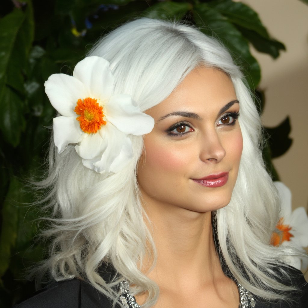 morena_baccarin, A digital painting of a woman with white hair.  The woman has two white flowers with orange centers on either side of her head.  Her hair is wavy and white.  She is wearing a black and silver outfit.  There are green leaves behind the woman.  One of the flowers has a yellow center.  