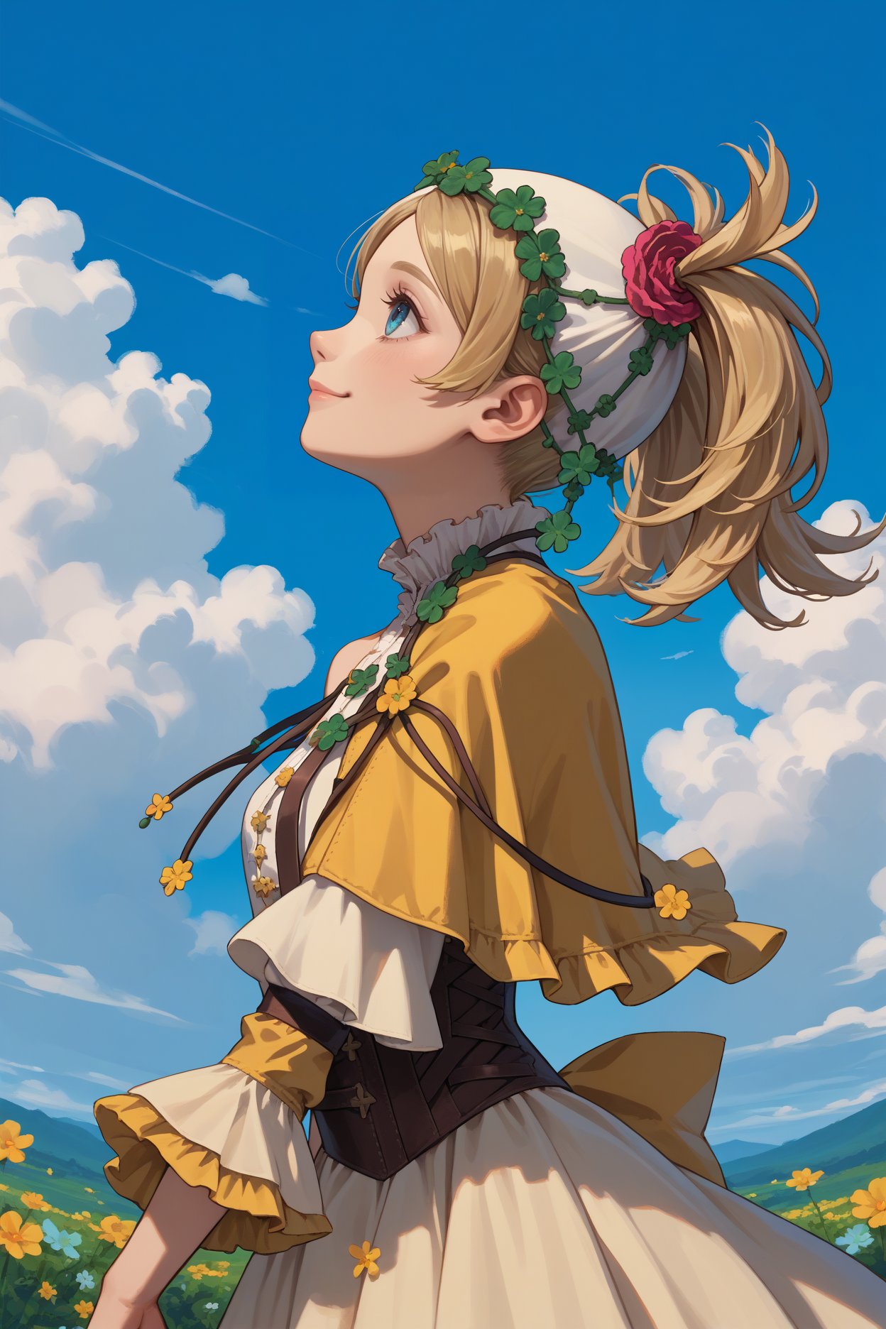 score_9, score_8_up, score_7_up, score_6_up, source_anime, 1girl, solo, <lora:felissa-pdxl-nvwls-v1-000005:1> valLissa, blonde hair, twintails, headscarf, hair flower, hair ornament, yellow capelet, bare shoulder, sundress, corset, looking up at the sky, smile, blue sky, clouds, wide shot, hand up, from side, profile