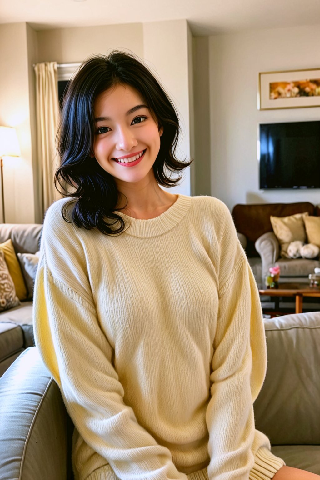 masterpiece, realistic, photo \(medium\), night, indoors, living room, couch, 1girl, black hair, medium hair, wavy hair, sweater, smile