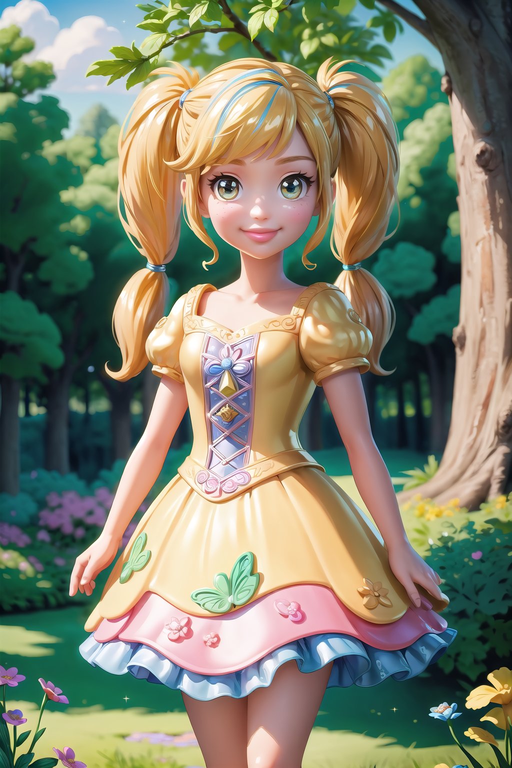 (masterpiece, best quality:1.3), 8k resolution, p0lly, 3d, toy, original, ultra-detailed, cowboy shot, 1girl, minigirl, polly pocket, photoreal, twintails, blonde hair, garden, outdoors, sunlight, looking at viewer, smile, (dynamic), stylish, (shiny:1.1) fashion, toy, tree, dress, (deep depth of field), cute, miniature, depth, glitter, extremely detailed, flower, intricate details, hyperrealistic, (intricate details), perfect face, finely detailed face, detailed eyes, volumetric, perfect composition,volumetric lighting, soft lighting,traditional media,cara,sweetscape<lora:EMS-363895-EMS:1.200000>, <lora:EMS-179-EMS:0.300000>, <lora:EMS-32692-EMS:0.200000>, <lora:EMS-57263-EMS:0.300000>