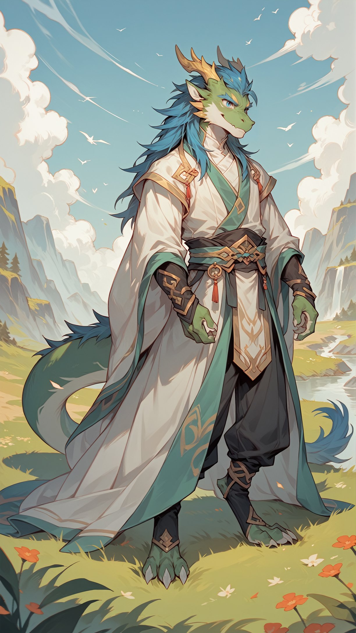 score_9,score_8_up,score_7_up,score_6_up,score_5_up,score_4_up,source_furry,han fu,male,green body,Blue tip,golden horn,Blue hair,smile,dragon,golden eyebrows,sitting,blue eyes,standing,outdoors,sky,grass,tuft,digitigrade,tail_ring,green fur,digital media (artwork),Black pants,<lora:Hanfu_XL_Pony_4-000013:0.8>,