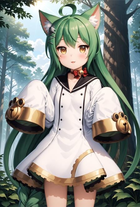 masterpiece, best quality, very aesthetic, ultra detailed, intricate details, 4k, anime style,AkashiAi, 1girl, solo, mole, mole under eye, yellow eyes, green hair, long hair, blush, smile, bangs, cat ears, animal ears, hair between eyes, brown eyes, very long hair, animal ear fluff, braid, hair bow, long sleeves, dress, bow, ahoge, parted lips, choker, wide sleeves, sailor collar, white dress, red bow, sleeves past wrists, bell, jingle bell, sleeves past fingers, sailor dress, black sailor collar, akashi (azur lane)cowboy shot, looking at viewer, forest, outdoors, tree, sunlight, cloudy, <lora:Akashi_XL:1>