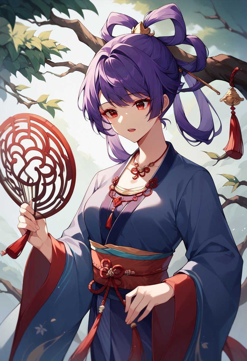 score_9, score_8_up, score_7_up, hanfu, necklace, holding fan, purple hair, open mouth, red eyes, hair rings, tassel, branch, bow, outdoors