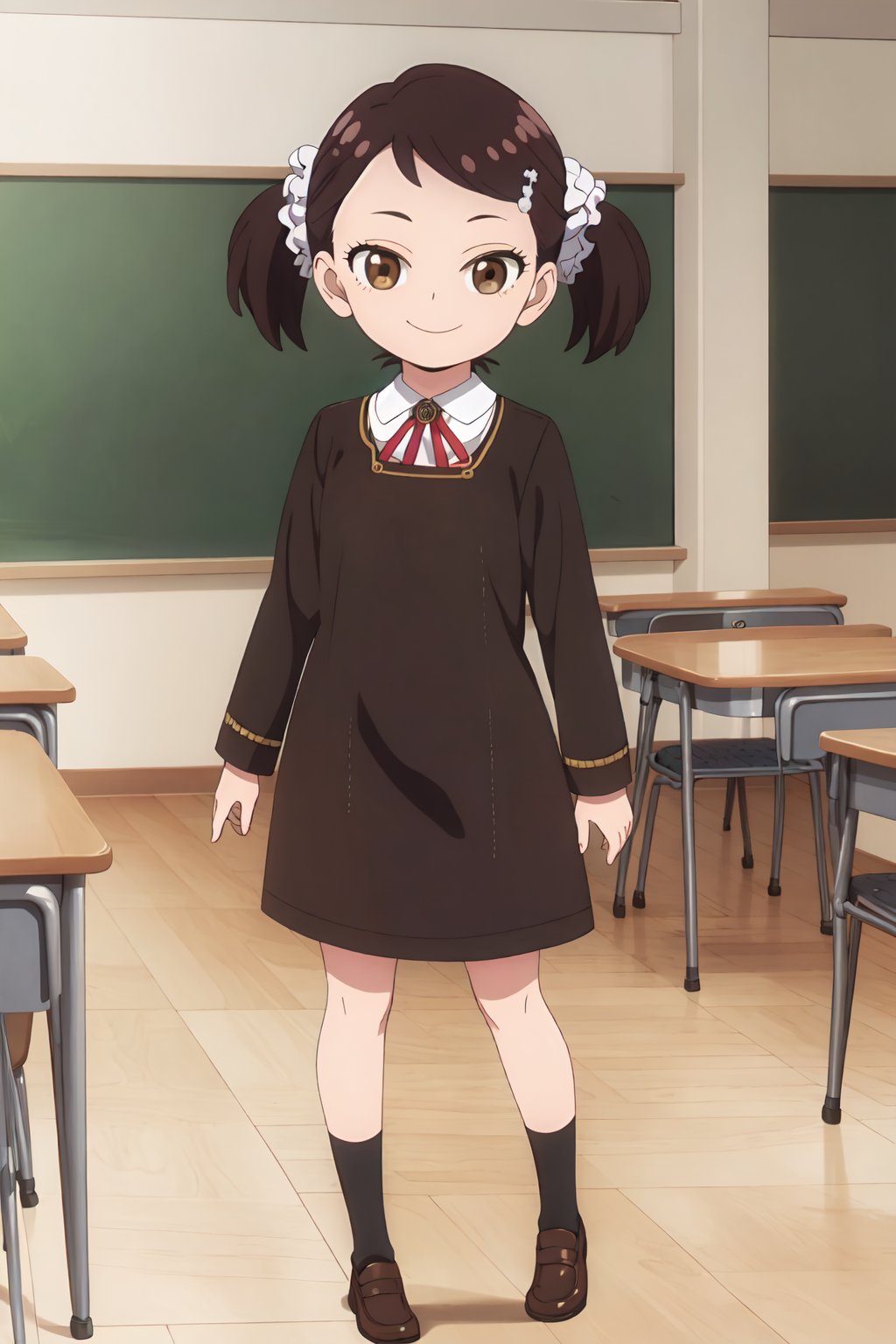 becky, 4k, absurd, high resolution, very high resolution, high definition, masterpiece, Hair ornament, certified queues, hair, scrunchie, hair scrunchie, (brown eyes: 1.5), smile, long sleeves, dress, school, uniform school, socks, black dress, school uniform of the Eden Academy, classroom, looking at to the spectator<lora:EMS-382000-EMS:0.900000>