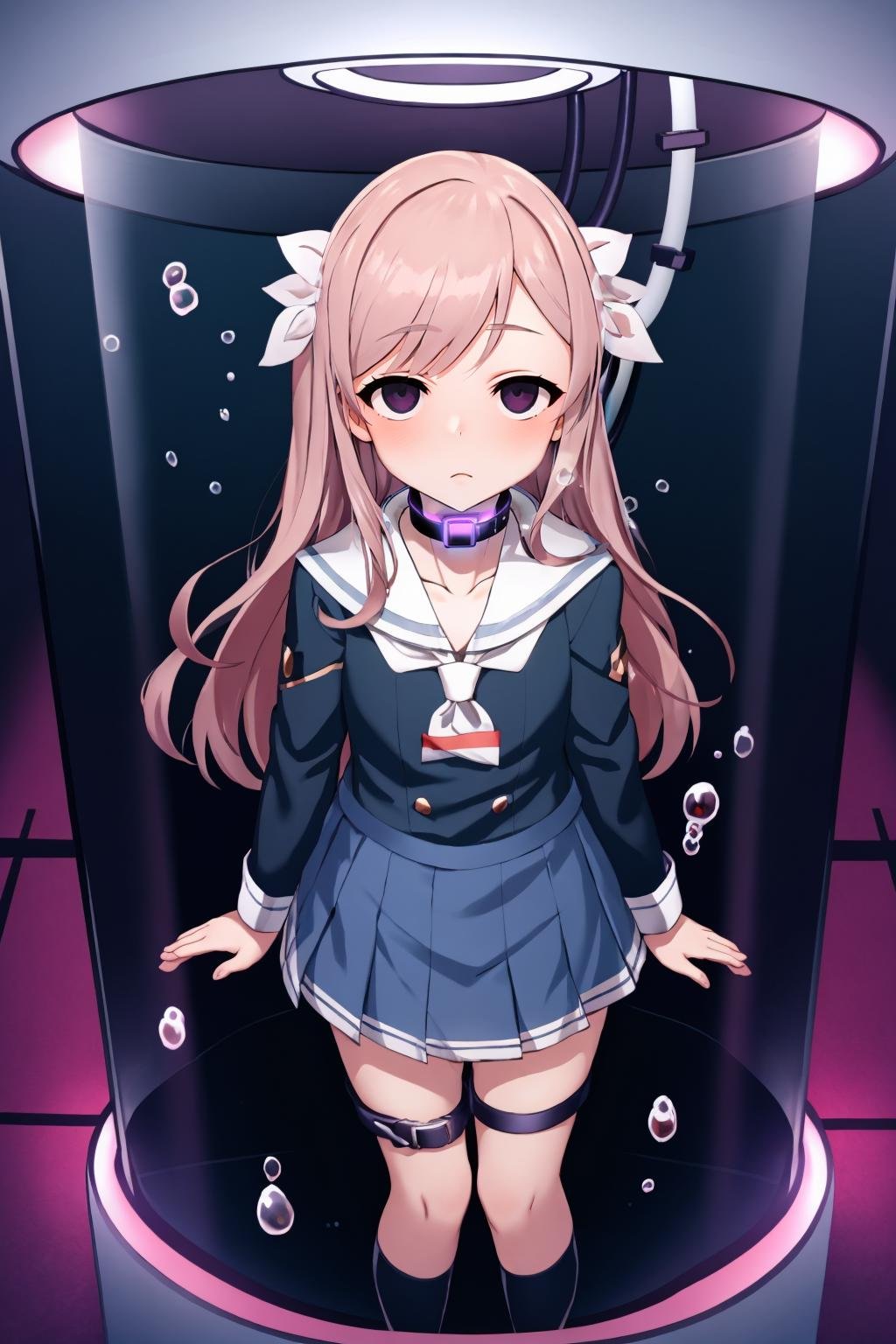 1girl, school uniform, empty eyes, metal collar, harness, glowing lines, long sleeves,  solo, (inside stasis tank:1.2), floating, bubbles.  <lora:Stasis Tank v10 - 128dim:1>  <lora:Empty Eyes - Drooling v5 - 32dim:1> 