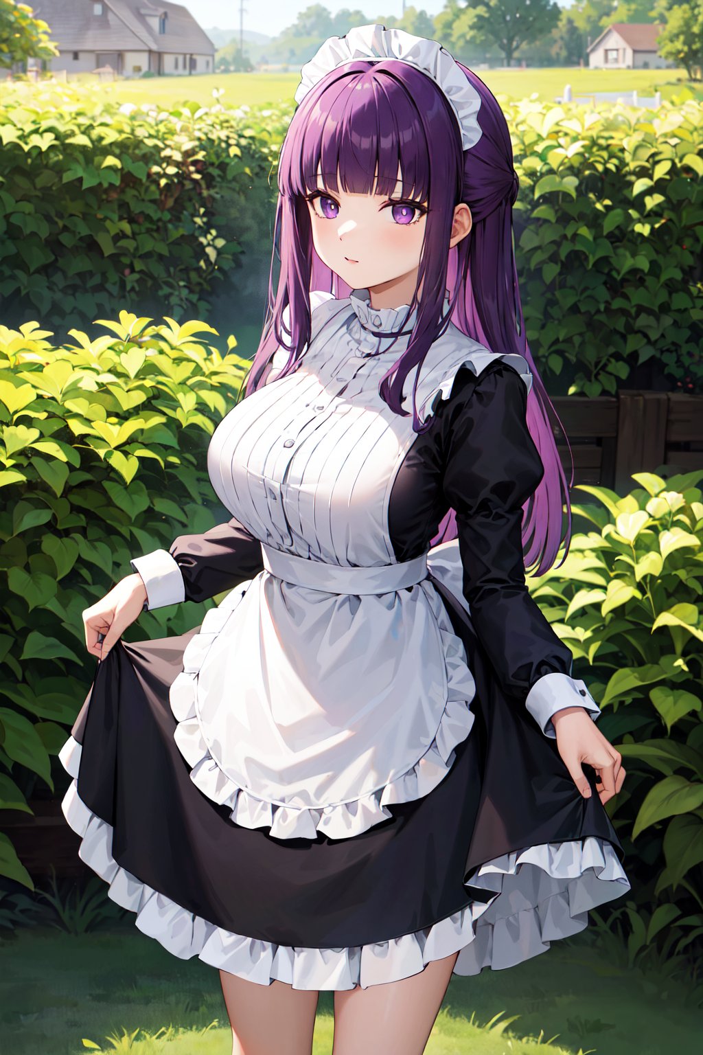 masterpiece, best quality, highres, aafern, long hair, purple hair, blunt bangs, purple eyes, large breasts, <lora:fern_(sousou_no_frieren)_v1:0.7>, maid, maid headdress, skirt hold, garden, standing