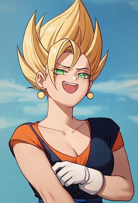 score_9, score_8_up, score_7_up, score_6_up, lady vegetto, spiked hair, earrings, dark blue dougi, blue obi, blonde hair, smug, fang, white gloves, noblewoman's laugh, super saiyan, 1girl, solo, green eyes, beautiful