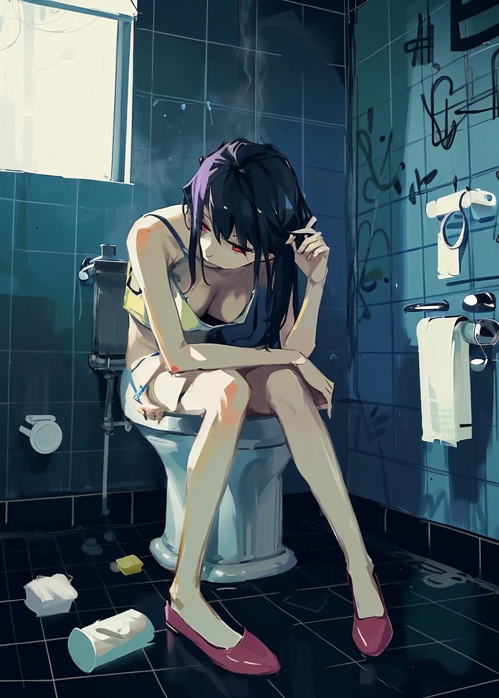 by dino, 1girl, toilet, tiles, solo, tile floor, tile wall, underwear, cigarette, sitting, bottle, panties, holding, panty pull, smoking, toilet use, toilet paper, bathroom, breasts, white panties, purple hair, red eyes, cleavage, indoors, smoke, graffiti, long hair, camisole, black hair, holding bottle, slippers, bare shoulders