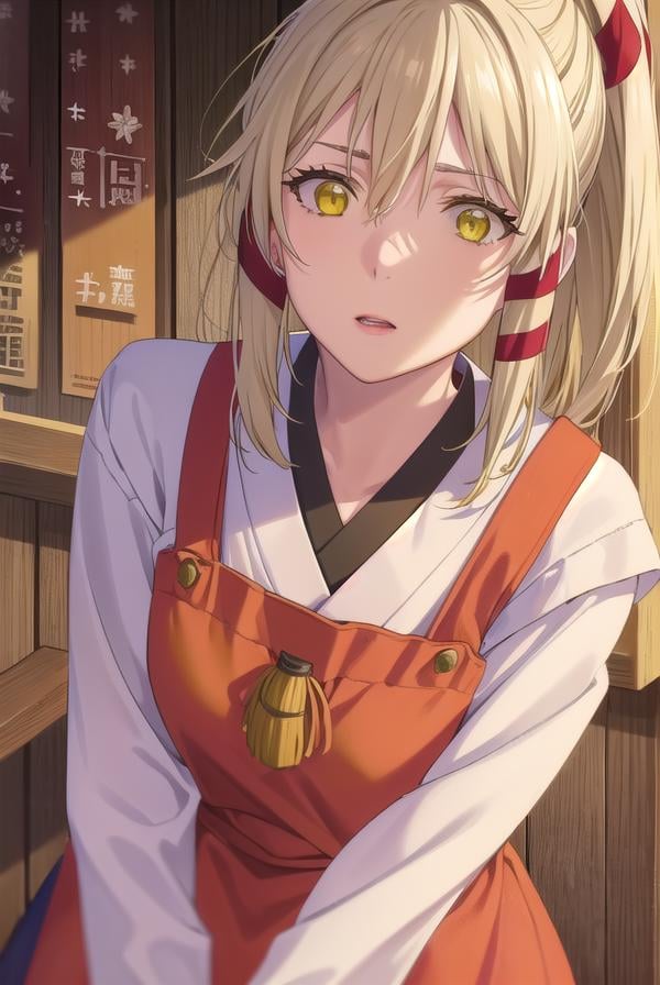 ukanomitamanokami, <lora:uka no mitama no kami s1-lora-nochekaiser:1>,uka no mitama no kami, long hair, blonde hair, hair ribbon, (yellow eyes:1.5), ponytail, tress ribbon,BREAK japanese clothes, miko, apron, (red apron:1.5),BREAK outdoors, shrine,BREAK looking at viewer, (cowboy shot:1.5),BREAK <lyco:GoodHands-beta2:1>, (masterpiece:1.2), best quality, high resolution, unity 8k wallpaper, (illustration:0.8), (beautiful detailed eyes:1.6), extremely detailed face, perfect lighting, extremely detailed CG, (perfect hands, perfect anatomy),