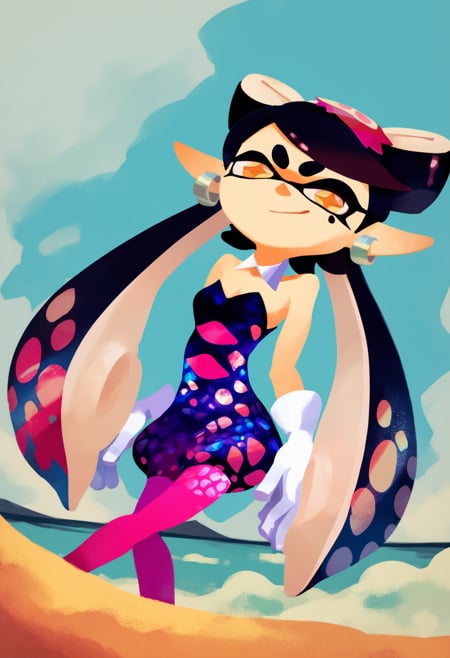 score_9, score_8_up, score_7_up, score_6_up, score_5_up, score_4_up, BREAK,1girl, callie \(splatoon\),  long hair, black hair, yellow eyes,  pointy ears, tentacle hair, inkling, detached collar, dress, purple pantyhose, short jumpsuit, strapless,  white gloves, challenging the viewer, smirk, BREAK, sand, sea, blue sky, tropical island background    <lora:SplatoonXLLocon:1>