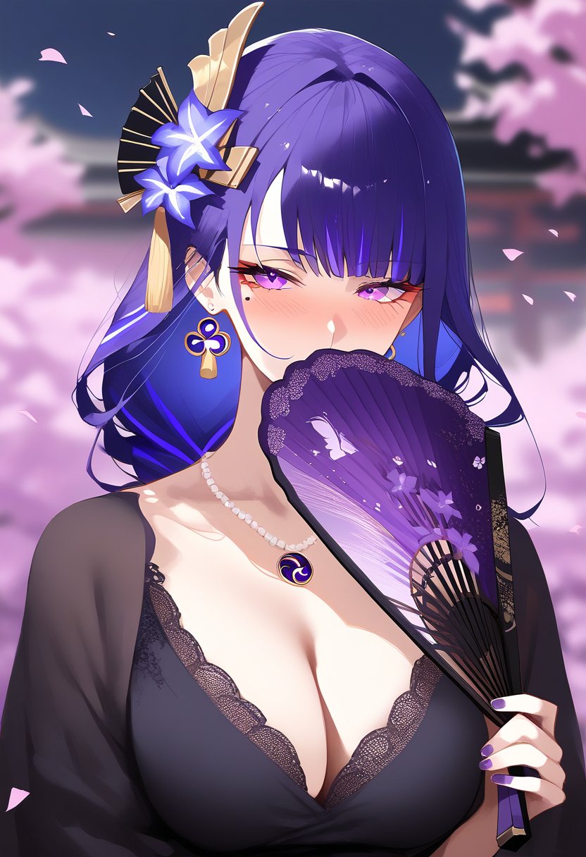 score_9, score_8_up, score_7_up, score_6_up, source_anime, <lora:FOE 0.2v:1>,FOE, 1girl, raiden shogun, hair ornament, solo, mole under eye, breasts, purple eyes, flower, purple hair, hand fan, hair flower, jewelry, mole, long hair, earrings, holding, looking at viewer, purple nails, upper body, cleavage, bangs, holding fan, large breasts, petals, bug, nail polish, butterfly, purple flower, folding fan, blurry, necklace, braid, covering mouth, dress, blurry background, falling petals, blush, blunt bangs, alternate costume, black dress, trees 