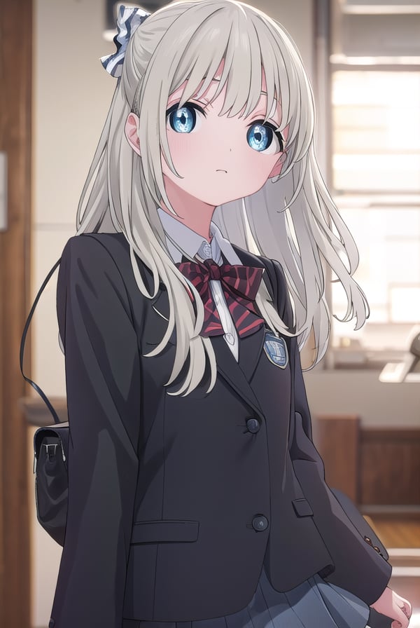 hotaruhiraiwa, <lora:hotaru hiraiwa s1-lora-nochekaiser:1>,hotaru hiraiwa, long hair, bangs, blue eyes, grey hair,BREAK skirt, long sleeves, school uniform, jacket, socks, black skirt, two side up, black jacket, kneehighs, blazer, black socks, bow, bowtie, stripped, stripped bowtie,BREAK indoors, classroom,BREAK looking at viewer, (cowboy shot:1.5),BREAK <lyco:GoodHands-beta2:1>, (masterpiece:1.2), best quality, high resolution, unity 8k wallpaper, (illustration:0.8), (beautiful detailed eyes:1.6), extremely detailed face, perfect lighting, extremely detailed CG, (perfect hands, perfect anatomy),