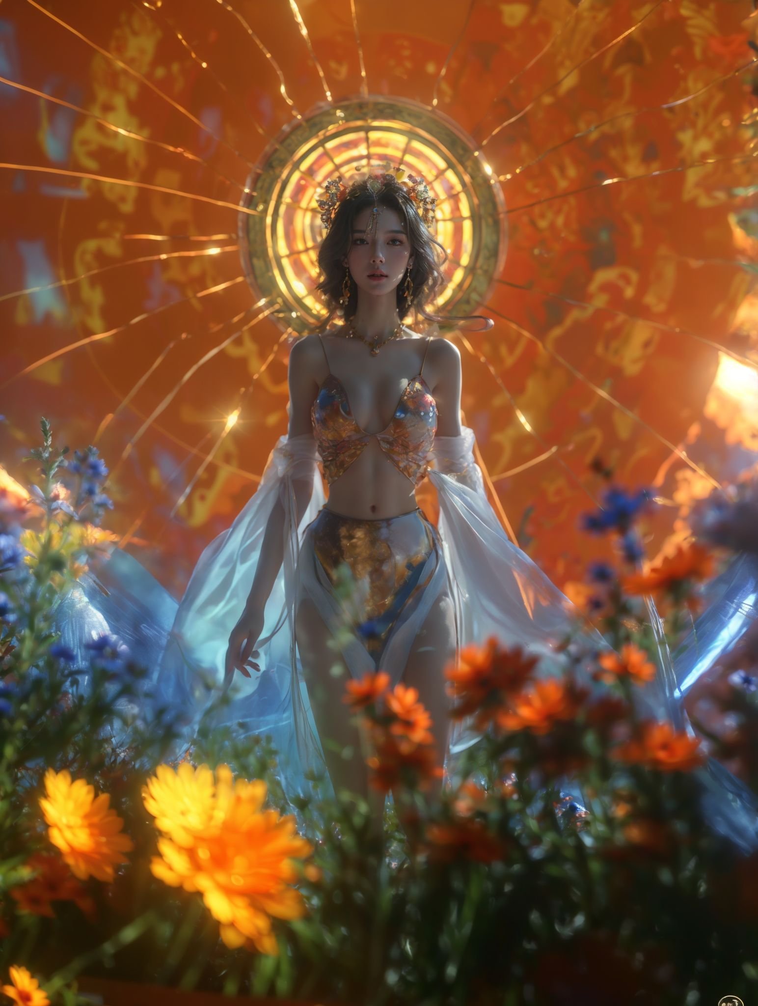 xuer Chinese goddess,1girl,flower,jewelry,black hair,navel,solo,earrings,breasts,necklace,bare shoulders,(from below:1.4),(full body:1.5),(wide shot, wide-angle lens,Panoramic:1.2),<lora:绪儿-中国女神 xuer Chinese goddess:0.75>,<lora:xuer a sense of story girl_20240320200924:0.5>,