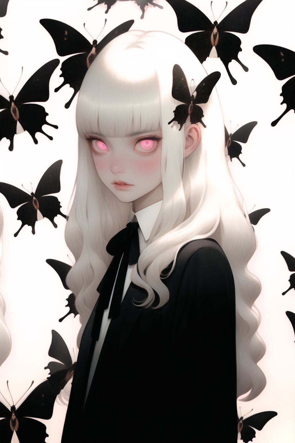 qzqzz,butterfly,bug,shirt,white hair,white shirt,long hair,looking at viewer,bangs,butterfly hair ornament,ribbon,1girl,6+girls,glowing eyes,red eyes,blunt bangs,upper body,pink eyes,glowing,parted lips,black ribbon,jacket,black jacket,neck ribbon,solo,hair ornament,<lora:qzqzz-000020:1>,, masterpiece, best quality,