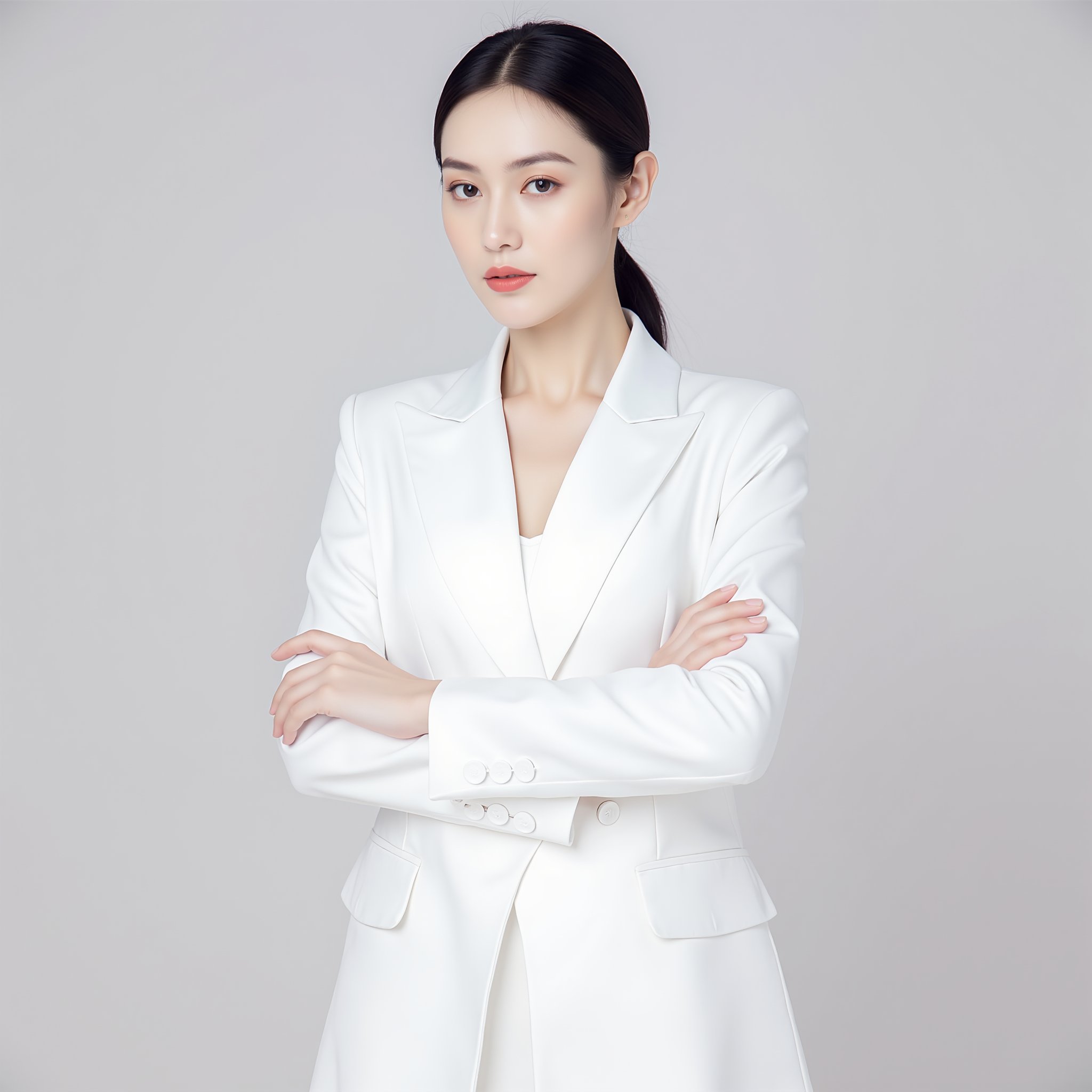 tianhai girl, photograph, elegant woman in a white blazer and dress, standing with her arms crossed, soft lighting, serene expression, long dark hair styled in a sleek ponytail, subtle makeup, minimalistic background, poised and graceful stance, modern and sophisticated ambiance.<lora:光影人像v2.0:0.8>