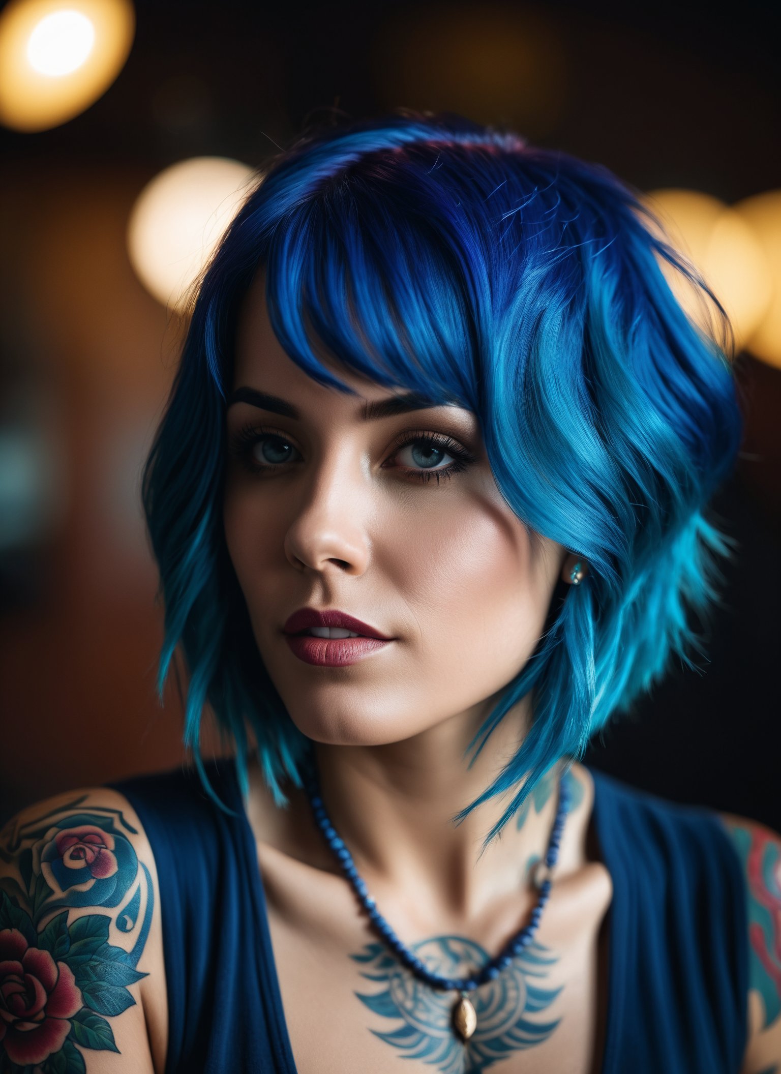 cinematic still Medium format photorealistic highly detailed 8k photography, (Woman with vibrant blue hair and intricate body artwork:1.2), Balanced perspective, Expressive tattoos, Rich colors, (Personal narratives showcased:1.3), Creative expression, Individualistic storytelling, (Unique portrayal:1.3), Detailed visual storytelling, Artistic vibrancy . emotional, harmonious, vignette, highly detailed, high budget, bokeh, cinemascope, moody, epic, gorgeous, film grain, grainy
