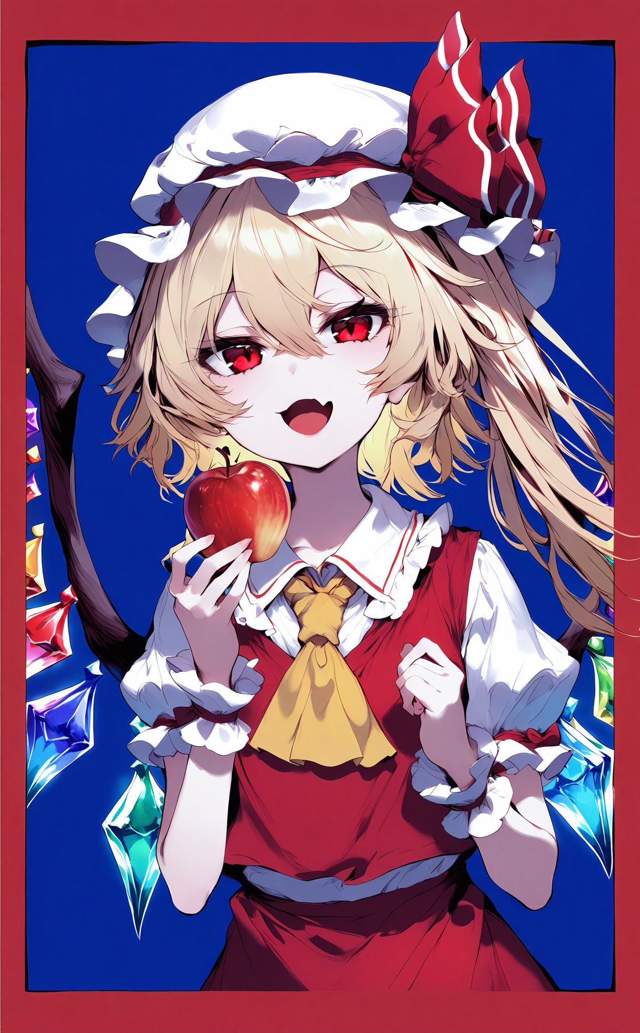 masterpiece,best quality,high quality,(colorful),loli,1girl, apple, flandre scarlet, food, fruit, solo, blonde hair, hat, red eyes, mob cap, fang, skin fang, open mouth, holding fruit, holding, holding food, one side up, white headwear, yellow ascot, red apple, upper body, ascot, crystal, wrist cuffs, red vest, wings, border, short sleeves, looking at viewer, hat ribbon, vest, red border, white shirt, red ribbon, blue background, ribbon, shirt, puffy short sleeves, puffy sleeves, simple background, frills, hair between eyes, ribbon-trimmed headwear, long hair