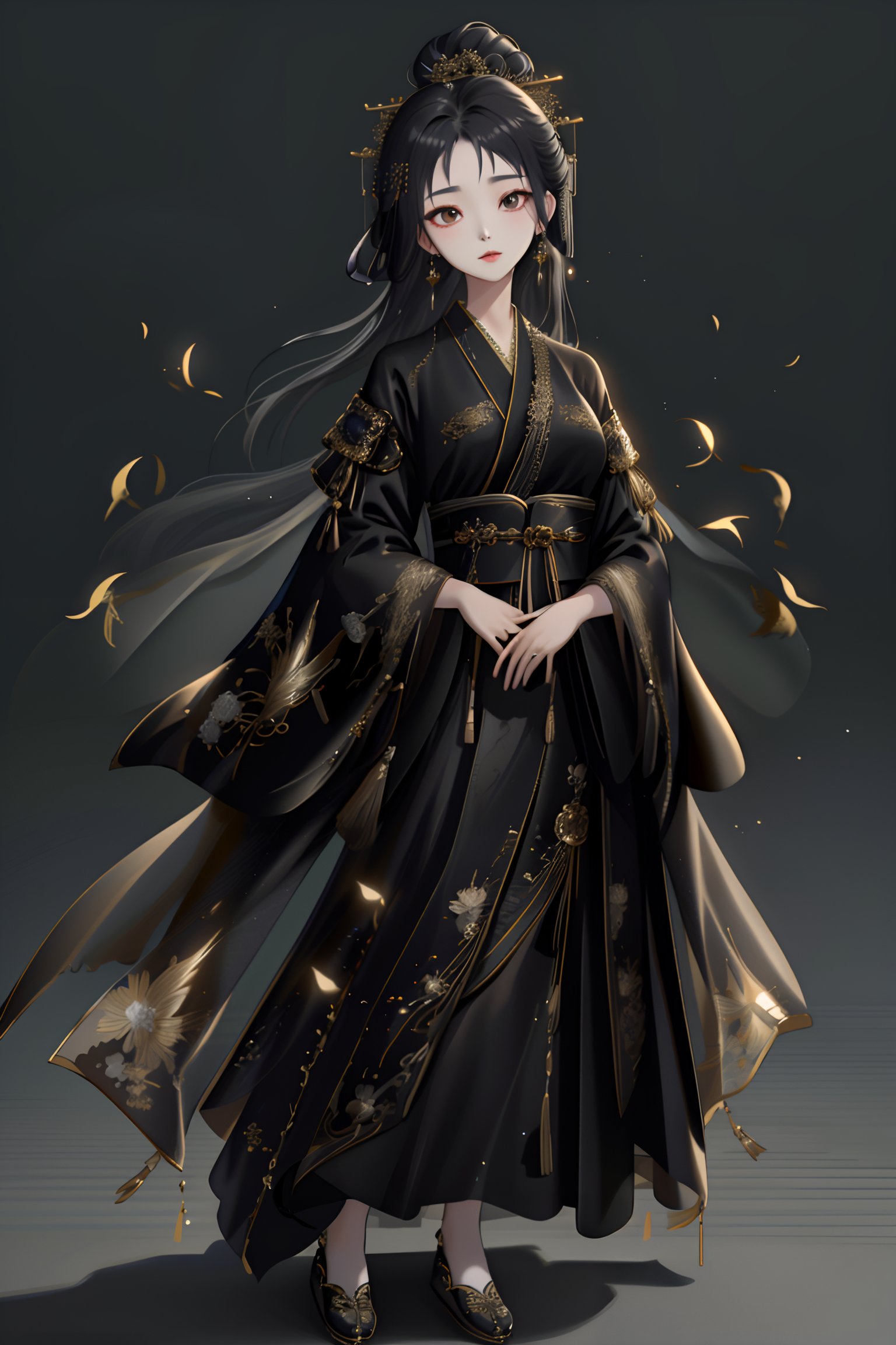 Highest quality,(full body photo: 1.3),Beautiful young woman wearing black hanfu,Translucent,silky,noble temperament,intricate gold embroidery on the clothes,dark background