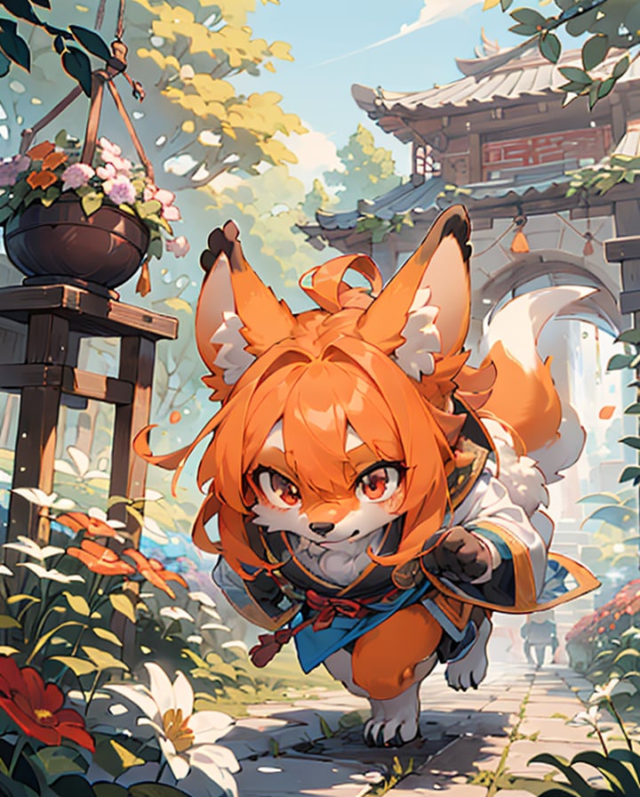 best hands,best quality,(masterpiece,ultra detailed 8k art),chibi, (Deformed,illustration),running,Fluffy,Anime style, (anthro, 1 girl,furry girl,drooping ears dog),out door, chinese clothes,orange long hair, (orange drooping ears),(drooping ears:1.2), orange tail, red eyes,flower garden