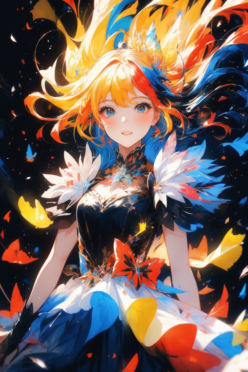 An illustration of a girl surrounded by a vibrant,multicolored paint background,reminiscent of abstract expressionist paintings by Jackson Pollock. The girl stands in the center of the composition,her blonde hair flowing gracefully. The colors in the background are a riot of hues,merging and blending together in an explosion of energy and creativity. The lighting is dynamic,with splashes of light and shadow falling across the scene,adding depth and dimension. The atmosphere is lively and joyful,reflecting the girl's playful spirit amidst the colorful chaos,<lora:menghuangan_max:0.7>,<lora:fanguang_V1-000014:0.5>,<lora:add_detail:0.5>,