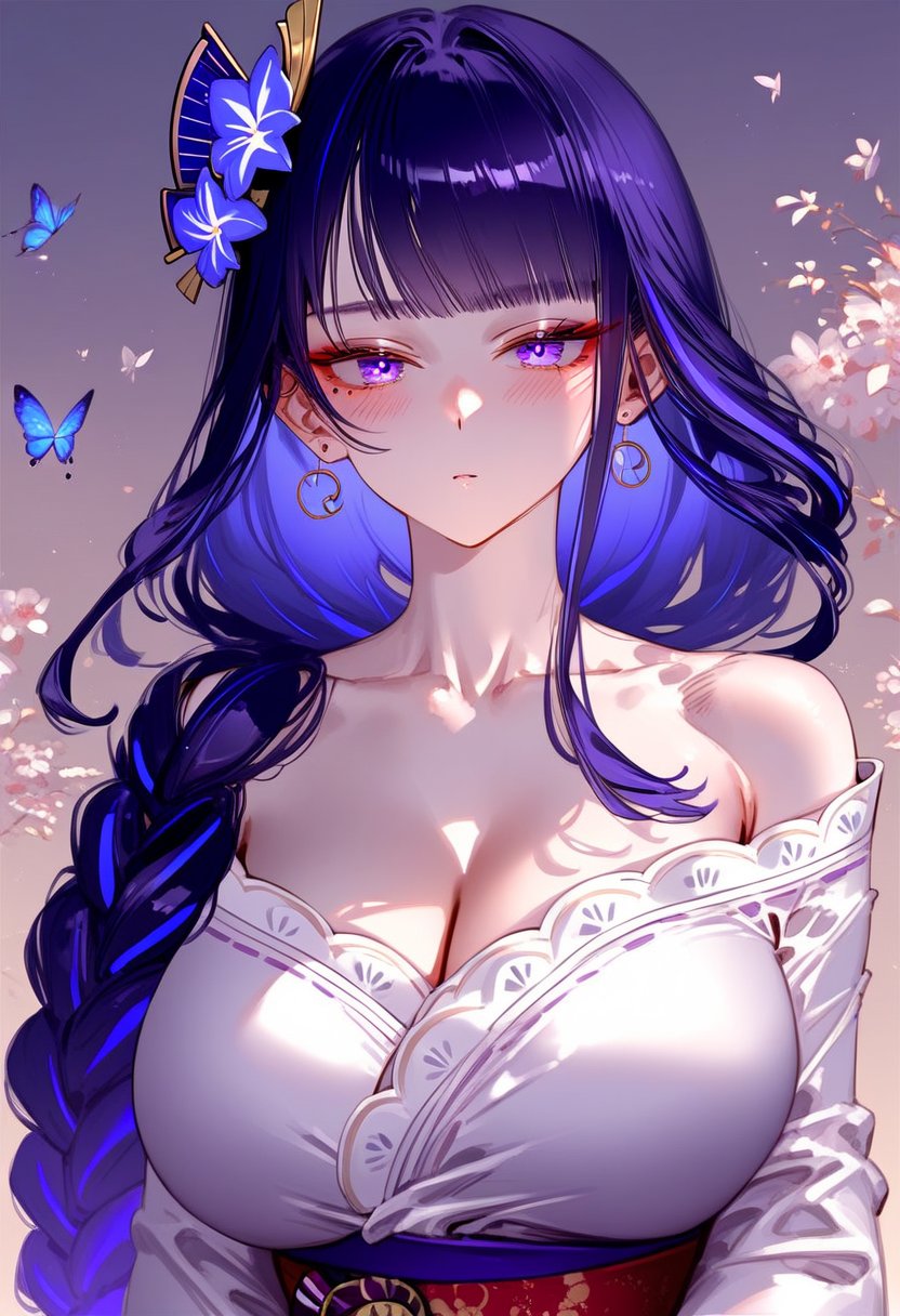 score_9, score_8_up, score_7_up, score_6_up, score_5_up, score_4_up, source_anime,<lora:RAR 0.1v:0.8>, RAR, 1girl, solo, butterfly, purple hair, purple eyes, long hair, earrings, looking at viewer, blurry, expressionless, dress, upper body, bangs, parted lips, white dress, huge breasts, blush, depth of field, long sleeves, collared dress, eyelashes, single braid, raiden shogun, 