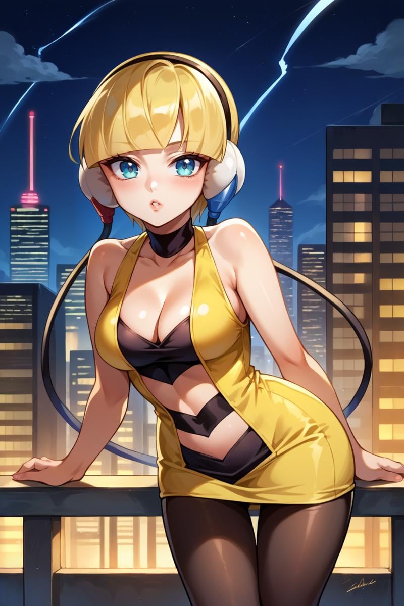 score_9, score_8_up, score_7_up, score_6_up, source_anime, BREAK 1girl, <lora:pkmnelesa-pdxl-nvwls-v1-000005:1> bw1ele, blonde hair, short hair, headphones, cable, choker, cleavage, black and yellow dress, short dress, clothing cutout, navel cutout, sleeveless, pantyhose, medium breasts, looking at you, night sky, city, leaning forward