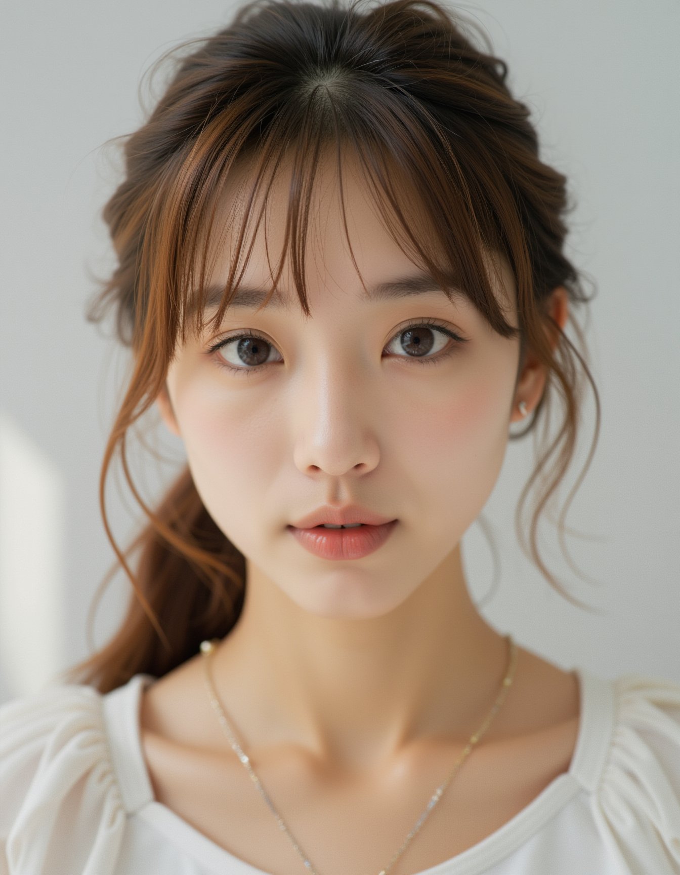 best quality, masterpiece, raw photo of a female in white dress, close up face, brown hair, fashion accessories, looking at viewer, indoor, day time, professional photo, high contrast exposure, soft bokeh, high key light, hard shadow, soft bokeh, simple background, white background, lips sneeze