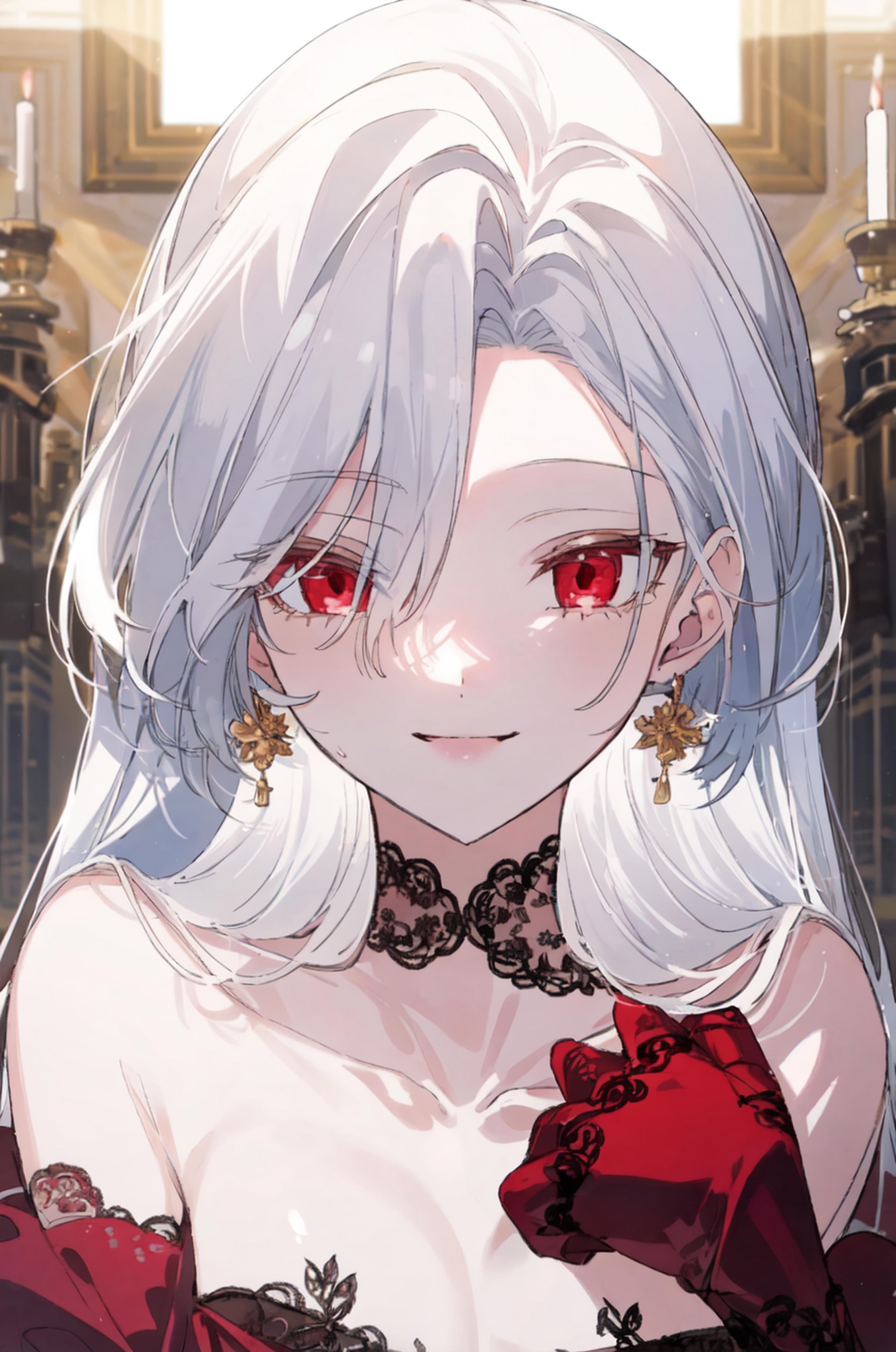 masterpiece, (best quality), 1girl , white hair, Raviel, red eyes, <lora:RavielIvansia:0.7>, smile