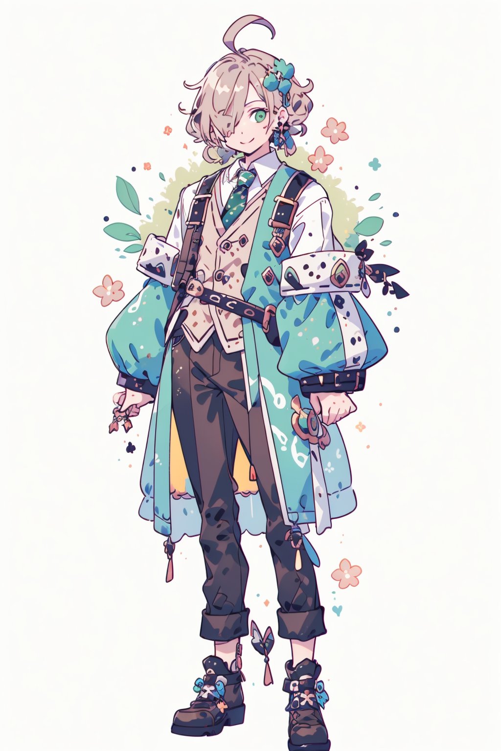 <lora:powderblue:1>, 1boy, virtual youtuber, male focus, solo, green jacket, jacket, brown footwear, necktie, brown vest, green eyes, pants, full body, brown hair, yellow necktie, shirt, white background, hair over one eye, vest, smile, looking at viewer, shoes, sleeves rolled up, mole, collared shirt, standing, simple background, black pants, white shirt, closed mouth, bangs, striped, one eye covered, brown pants