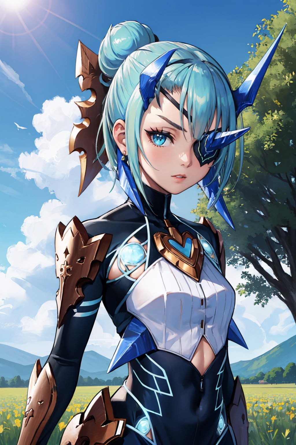 masterpiece, best quality, 1girl,  <lora:xctheory-nvwls-v1-000009:0.9> xcTheory, single hair bun, horns, hair ornament, eyepatch, bodysuit, armor, black pants, upper body, looking at viewer, field, blue sky, clouds, serious