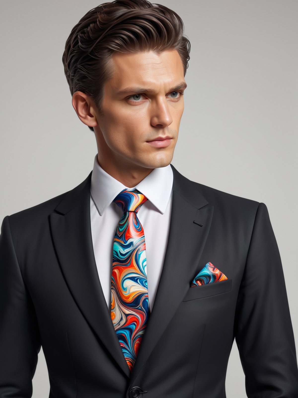 man wearing a mad-marbled-paper necktie, white shirt, black suit, office <lora:Colorful_Marbled_Paper_SDXL:0.6>, (masterpiece:1.2), best quality