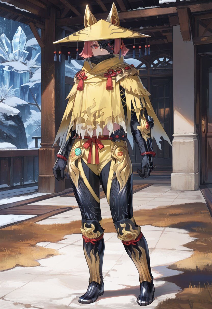 source_furry,(score_9:0.9),score_8_up,score_7_up,rating_safe,anime style,(zPDXL),<lora:Ex Odogaron Armor ponyXL v1.2:0.78>,ex odogaron armor,yellow headwear,black mask,yellow gloves,yellow cape,yellow pants,yellow knee boots,glowing,solo,standing,1girl,red eyes,indoors,full body,ice,snow,looking at viewer,pink hair,yellow animal ears,one eye covered,short hair,outdoors,