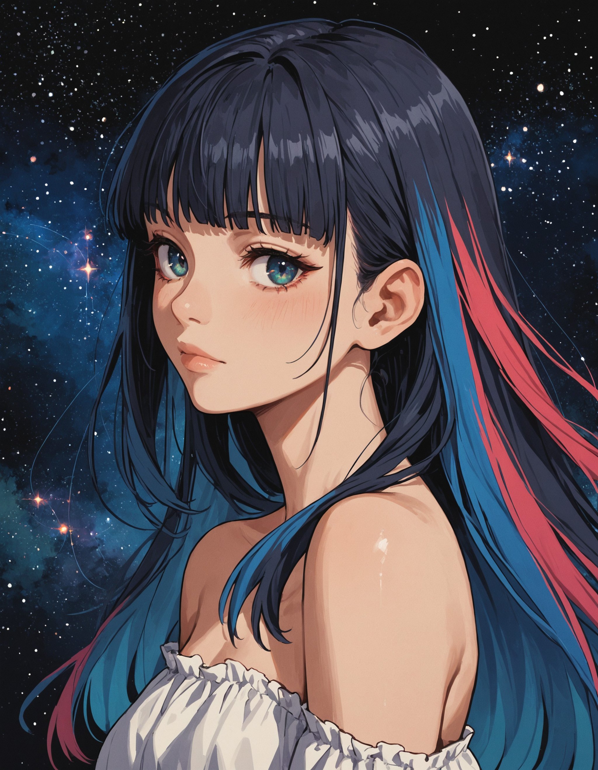 score_9, score_8_up, score_7_up, score_6_up, score_5_up, rating_questionable,  source_anime,  1girl, portrait,  multicolored hair, fringe, bare shoulders, upper body, cosmic