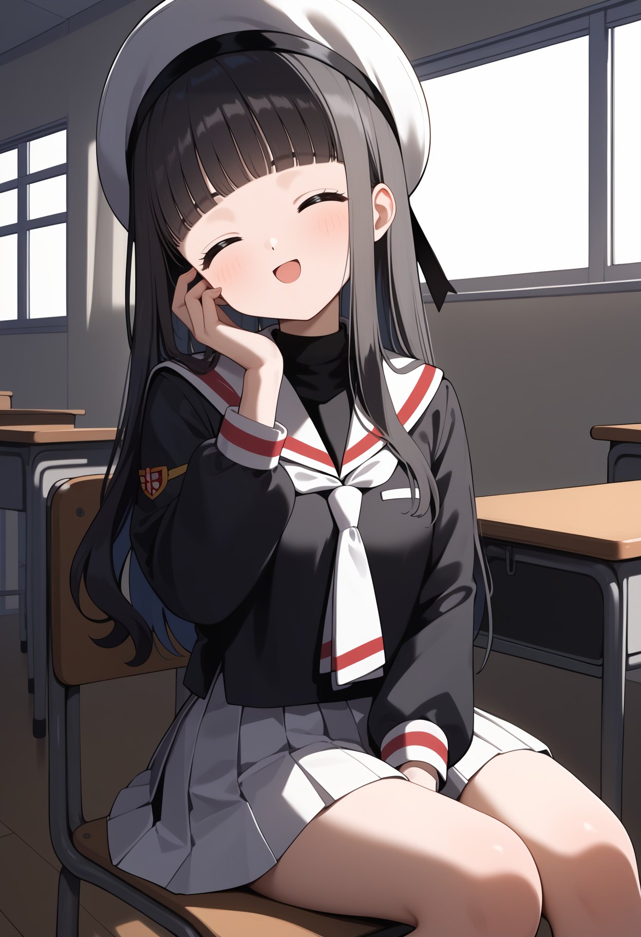 score_9, score_8_up, score_7_up, score_6_up, score_5_up, score_4_up, source_anime, aatomoyo, long hair, black hair, beret, white headwear, blunt bangs, small breasts, serafuku, white sailor collar, white neckerchief, black shirt, long sleeves, pleated skirt, white skirt <lora:daidouji_tomoyo_ponxl_v1:0.9>, indoors, classroom, sitting, on chair, closed eyes, open mouth, hand on own face, 