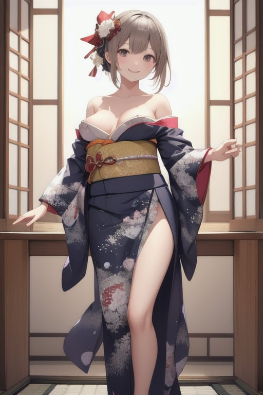 highres, ultra detailed, (best quality:1.2), very high resolution, refraction, full color, 1girl,smile, <lora:furisode_v01e5-000008:1>furisode, kimono slit, off shoulder, nipples, 