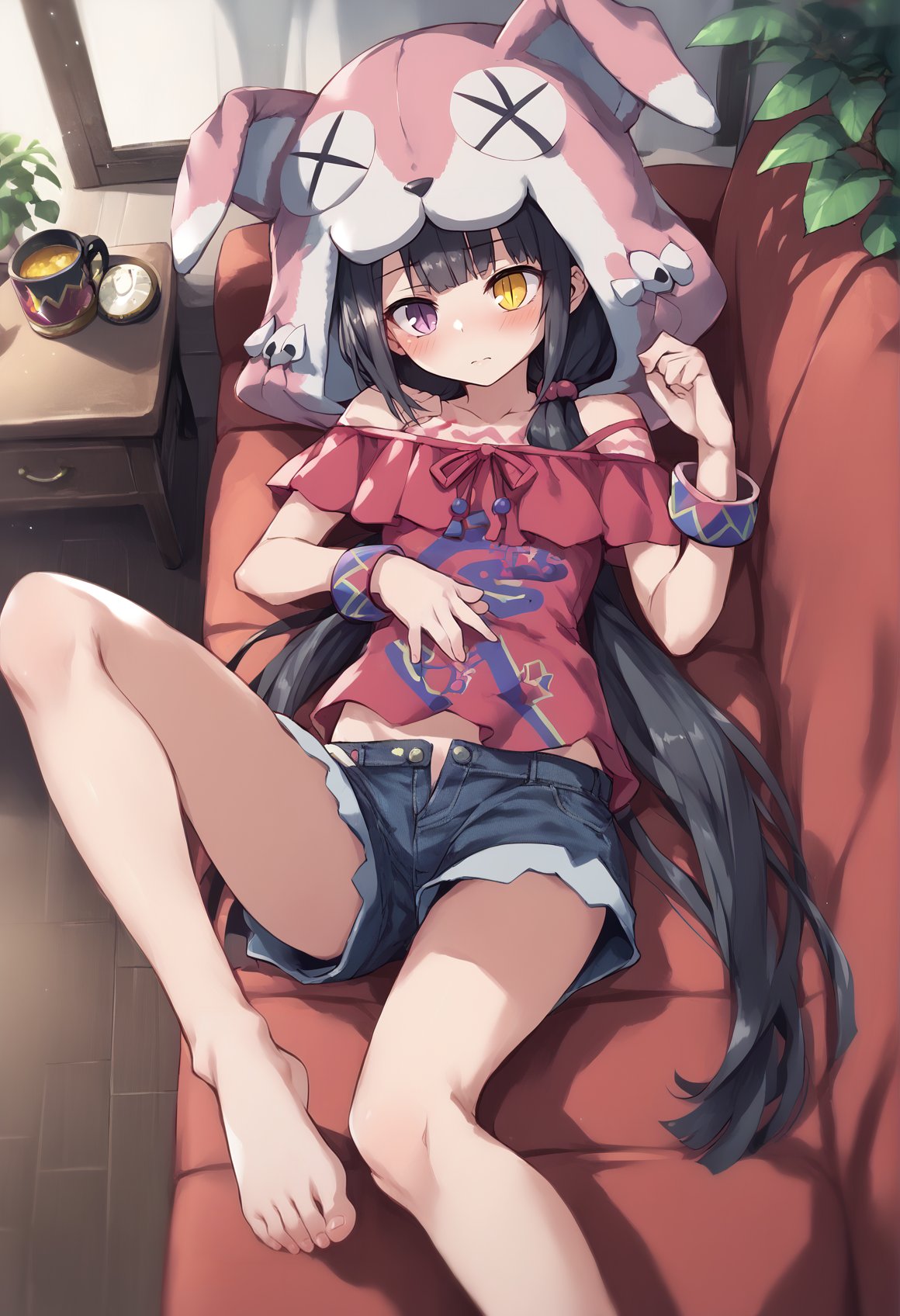 1girl, 1girl, solo, really long hair, black hair, hime cut, heterochromia, purple eye, yellow eyes, slit pupils, body markings, low twintails, animal hood, shorts, off-shoulder shirt, wristband, laying, on back, couch, indoors, living room, blushing, feet focus, <lora:Illya_IQ2:1> <lora:Chiyome AP XL:1>, score_9, score_8_up, score_7_up, score_6_up, score_5_up, score_4_up, BREAK source_anime, masterpiece