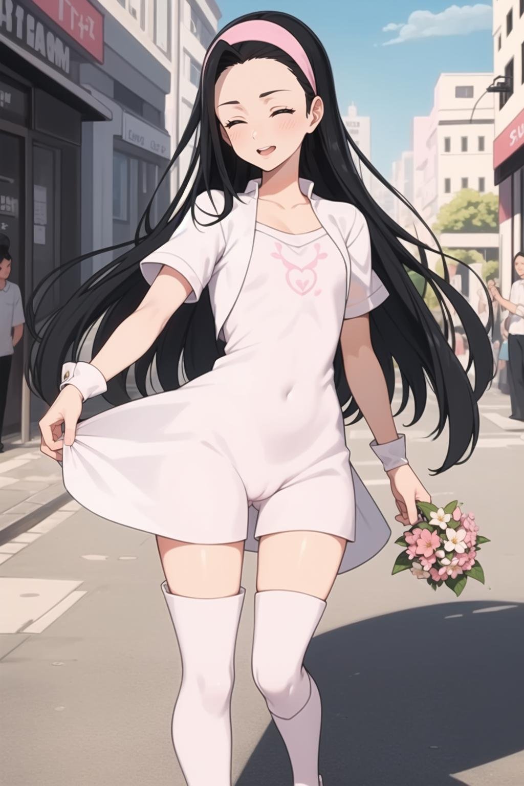 (masterpiece, best quality,ultra detailed),mature,Guila,shinny skin,single bangs,black hair,(white dress, suit,crotch,long gloves,flower motif,white boots),short sleeves,closed eyes,outdoors,standing,1girl,pink headband,long hair,slim,cute, <lora:Guila-000003:0.38>