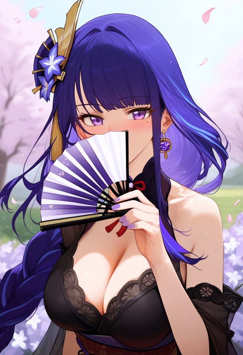 score_9, score_8_up, score_7_up, score_6_up, source_anime, <lora:CLD 0.1v:1>, CLD,1girl, raiden shogun, hair ornament, solo, mole under eye, breasts, purple eyes, flower, purple hair, hand fan, hair flower, jewelry, mole, long hair, earrings, holding, looking at viewer, purple nails, upper body, cleavage, bangs, holding fan, large breasts, petals, nail polish, butterfly, purple flower, folding fan, blurry, necklace, braid, covering mouth, dress, blurry background, falling petals, blush, blunt bangs, alternate costume, black dress, trees, outdoors, wind, light particles, 