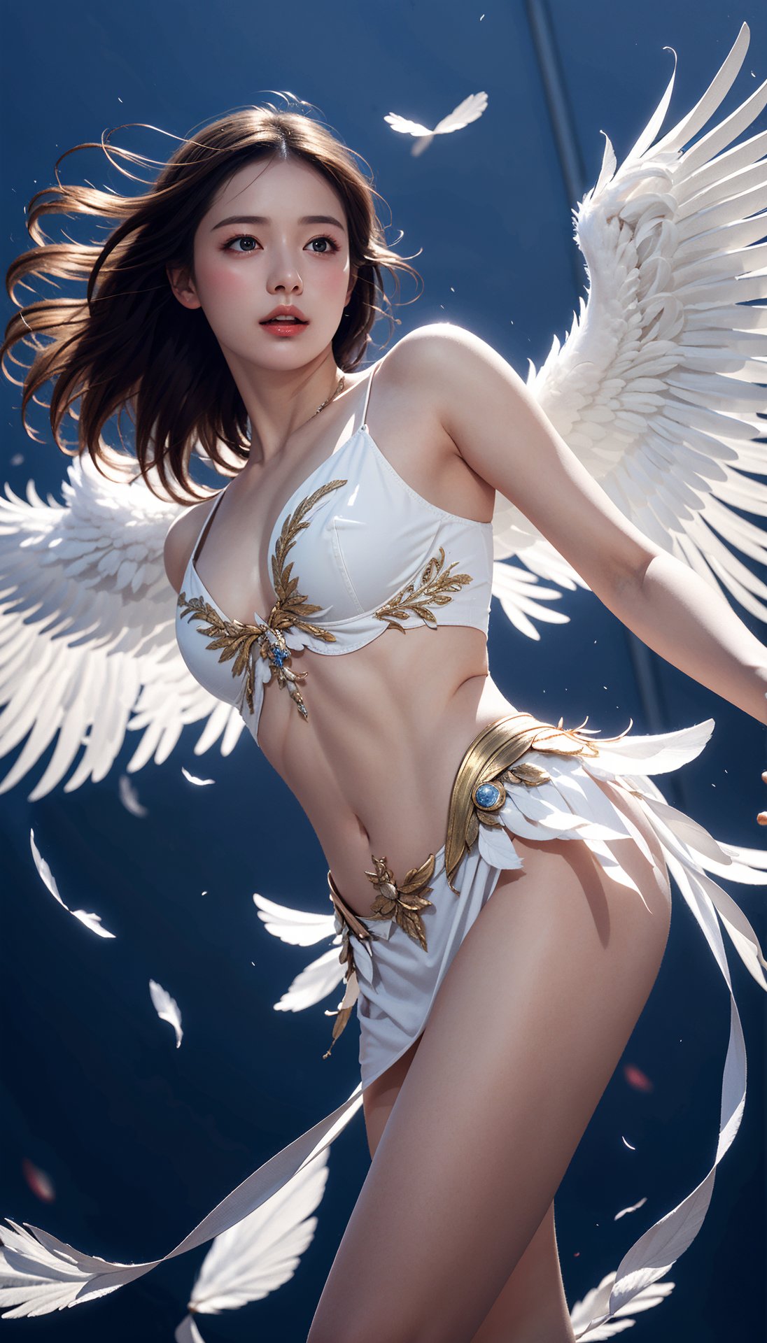 (best quality, masterpiece:1.2),ultra detailed,(photo realistic:1.4),1girl,white wings,from below,phaser_dancing,<lora:PhaserDancing_V1_1-K:0.5>,