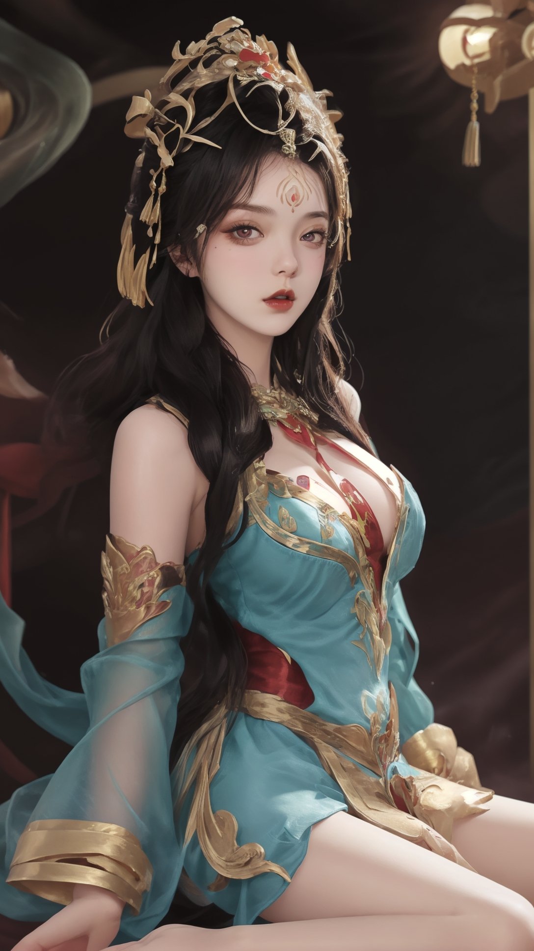 (1girl),smooth chin,masterpiece,detailed face,((hair ornament:1.2)),top quality,4k,make up,best quality,large breasts,(looking at viewer),red ribbon,dress,arms behind back,(wariza),shawl,detached sleeves,chinese building,forehead mark,golden hair ornament,<lora:王者 杨玉环 原皮_v1.1:0.7>,legs,