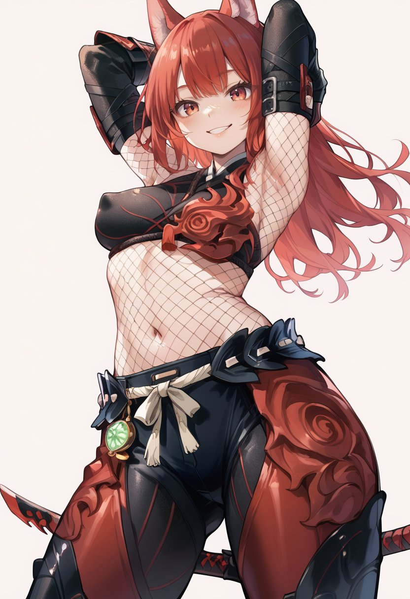 source_furry,(score_9:0.9),score_8_up,score_7_up,rating_safe,anime style,(zPDXL),<lora:Ex Odogaron Armor ponyXL v1.2:0.78>,ex odogaron armor, red gloves, red crop top, red pants, red knee boots, 1girl, solo, red hair, arms up, long hair, fishnets, covered nipple, navel, looking at viewer, smile, simple background, cowboy shot, red eyes