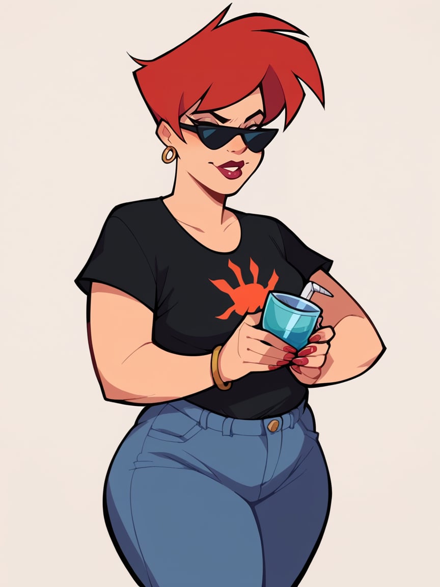 score_9, score_8_up, score_7_up, <lora:JBr4v0XLP:1> jbr4v0, 1girl, red hair, black t-shirt, solo, sunglasses, plump