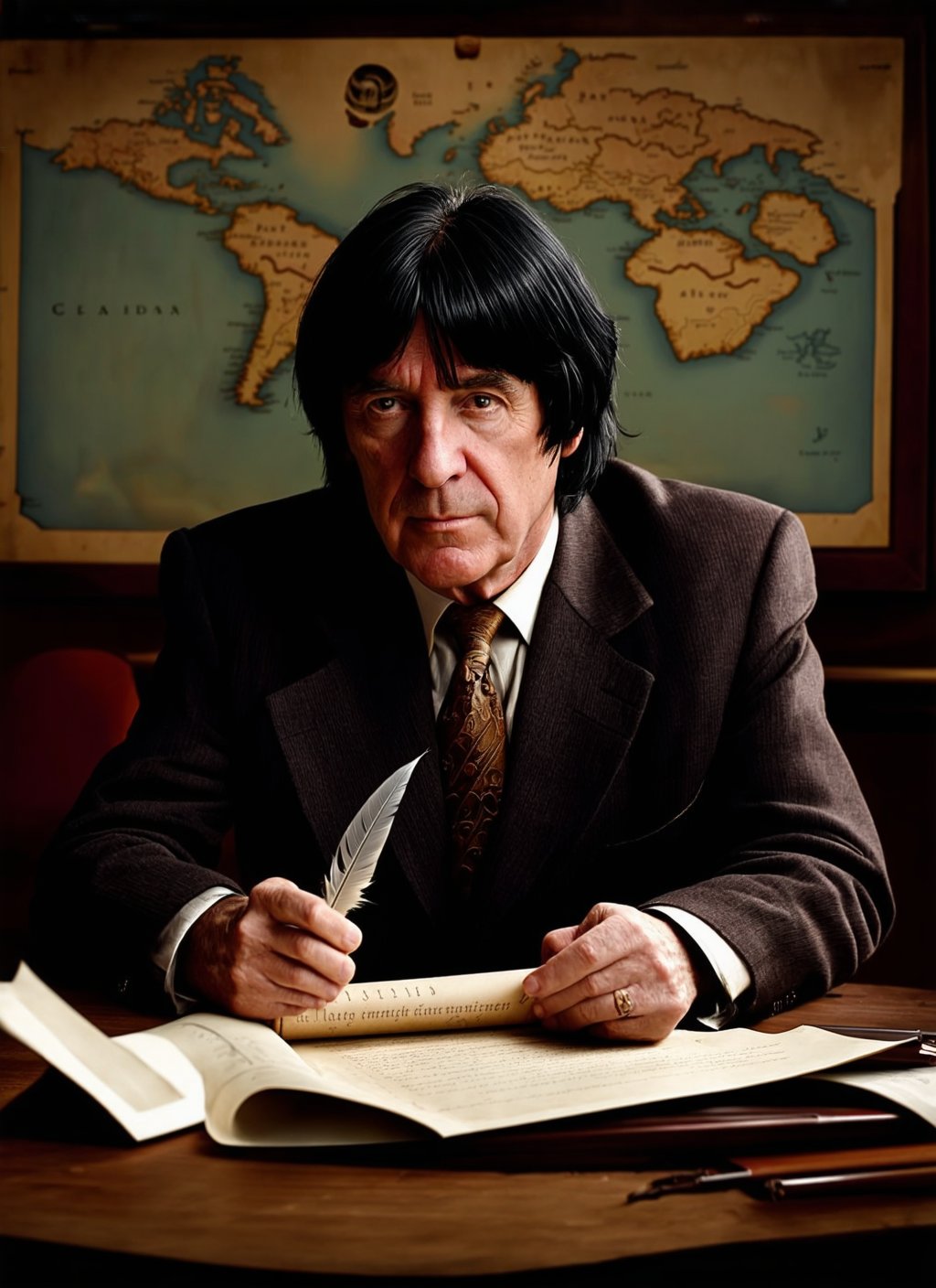 Medium low-angle portrait photography, (Bob with black hair holding a quill and parchment:1.2), Dynamic composition, Quill poised, Concentrated expression, (Ink smudges:1.3), Parchment clutter, Old world details, (Busy scholars:1.3), Antique map backdrop, Intricate details, Dramatic lighting