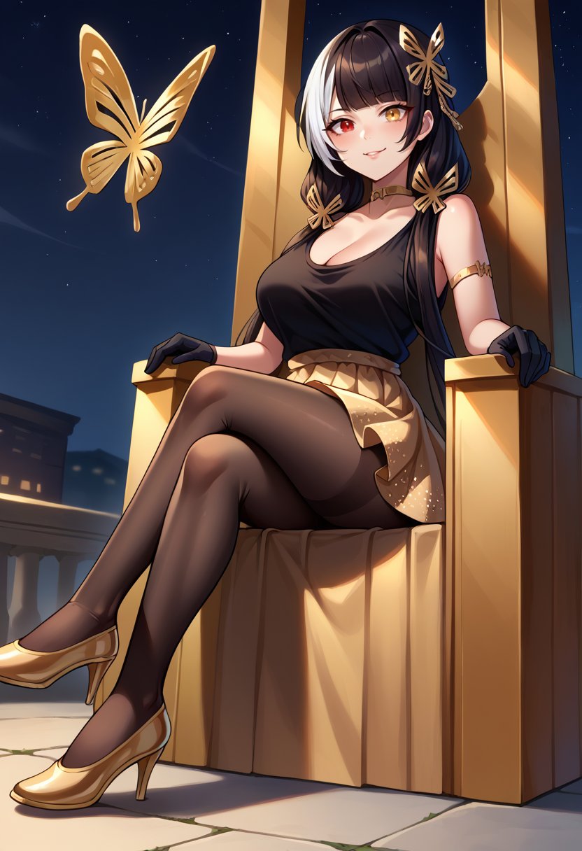 score_9,score_8_up,score_7_up BREAK 1girl,jeloroeotl,solo,night,throne,sitting,crossed legs,from below,black hair,streaked hair,low twintails,butterfly hair ornament,red eyes,heterochromia,yellow eyes,choker,black tank top,armlet,black gloves,half gloves,yellow skirt,layered skirt,pantyhose,high heels,yellow footwear,looking at viewer,seductive smile,<lora:Ro635-JeloXL-000007:1>,