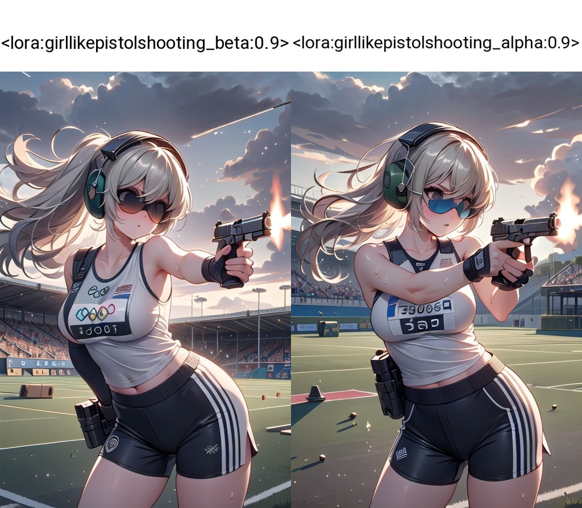 ((pistol shooting)), ((firing range)), (holding air handgun), muzzle flash, aiming at viewer and target, player uniform, sleeveless, sports shorts, ear defenders, fingerless gloves, olympic games venue, wind, steam, sweat, shadow, 1girl, big tits, facing viewer standing, (((tinted eyewear))), <lora:girllikepistolshooting_beta:0.9>